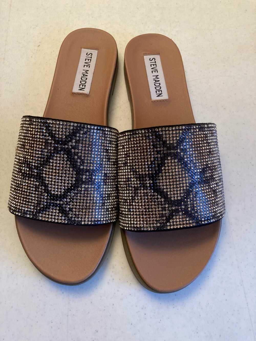Steve Madden Embellished Snake-Print Slide Sandals - Black/Tan